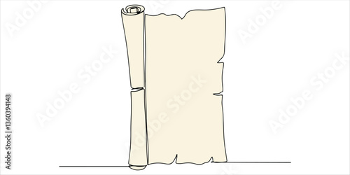 A continuous one line drawing depicts a rolled-up sheet of old paper standing upright. This minimalist illustration symbolizes how history is recorded through language light in form but rich.