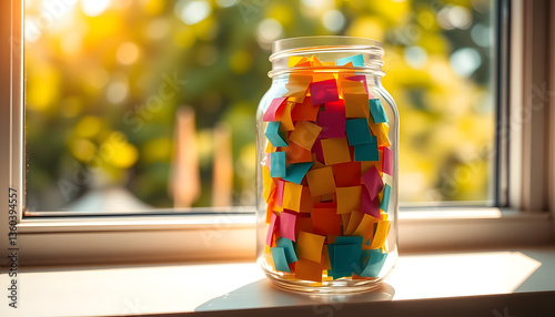 A glass jar filled with multicolored paper small pieces, positioned on a windowsill with golden sunlight streaming in, creating a warm and nostalgic childhood scene