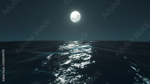  The moonlight reflects off the water, creating a path of shimmering silver across the surface. The waves are gentle but constant, moving rhythmically with the lunar pull. 