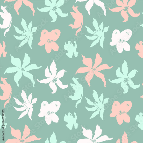 Seamless pattern with hand drawn pastel flowers. Loose botanical repeat background. Rough florals wallpaper.