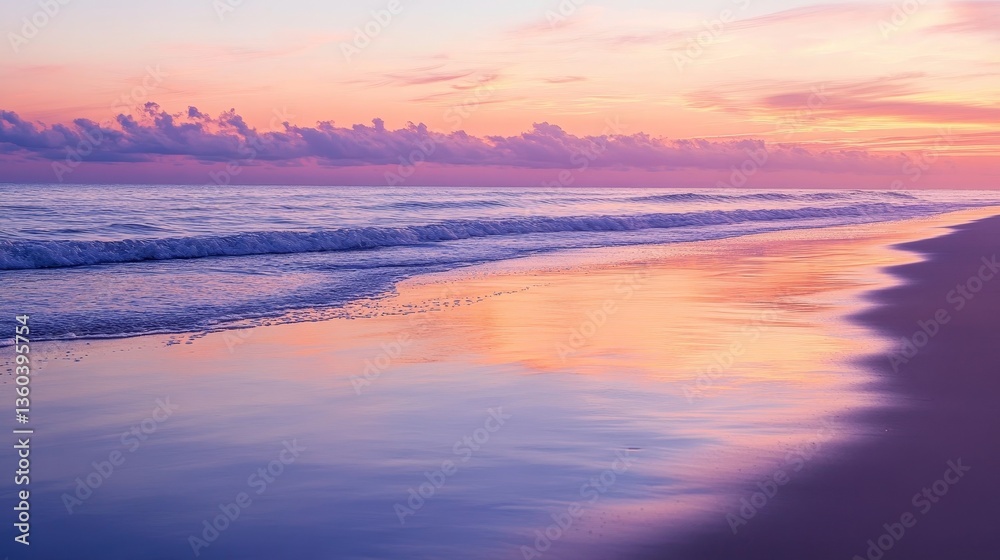 Create an image of a peaceful beach at sunrise, with the sky painted in soft pastel hues of pink, purple, and orange. Create an image of a peaceful beach at sunrise, with the sky painted in soft pastel hues of pink, purple, and orange.