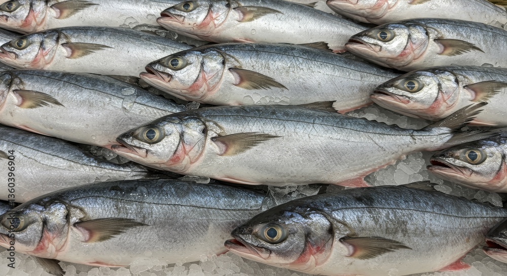 Fresh Longnose Gar on Ice at the Supermarket - Icy fresh Longnose Gar, glistening scales,market display, seafood abundance, cold preservation. Fresh Longnose Gar on Ice at the Supermarket - Icy fresh Longnose Gar, glistening scales,market display, seafood abundance, cold preservation.