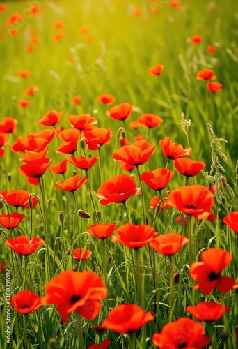 Vibrant red poppies scattered across a sun-drenched summer meadow, red poppies, macro photography