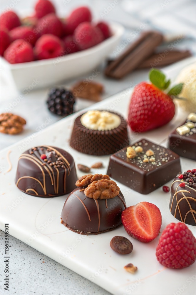 Assorted gourmet chocolates in a stylish close-up with depth of field. (Gift) Assorted gourmet chocolates in a stylish close-up with depth of field. (Gift)