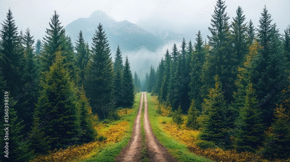 Misty forest path, mountains in the distance Misty forest path, mountains in the distance