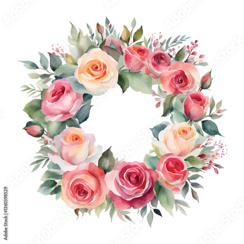 Watercolor roses round frame flowers with gold, symbol of love, wedding, purity, vector illustration.