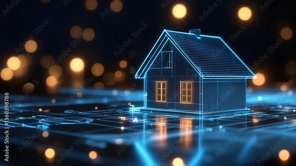 Virtual house model glowing on a digital blueprint with lights illuminating the background at night Virtual house model glowing on a digital blueprint with lights illuminating the background at night