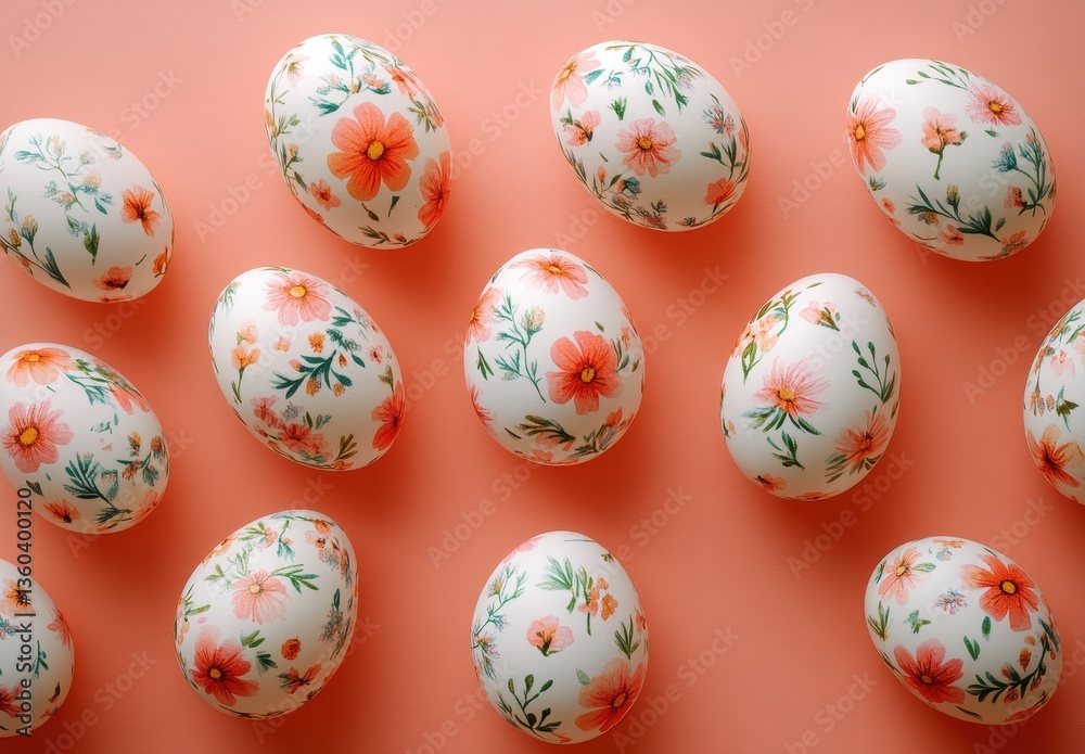 Beautifully Decorated Easter Eggs with Floral Patterns on Soft Coral Background for Spring Celebrations and Festive Gatherings Beautifully Decorated Easter Eggs with Floral Patterns on Soft Coral Background for Spring Celebrations and Festive Gatherings