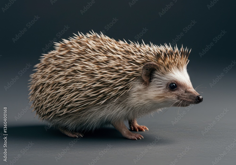 Obraz premium Prickly mammal with spines is posing on gray background. Beautiful african pygmy hedgehog portrait for veterinary design and greeting card, nature concept