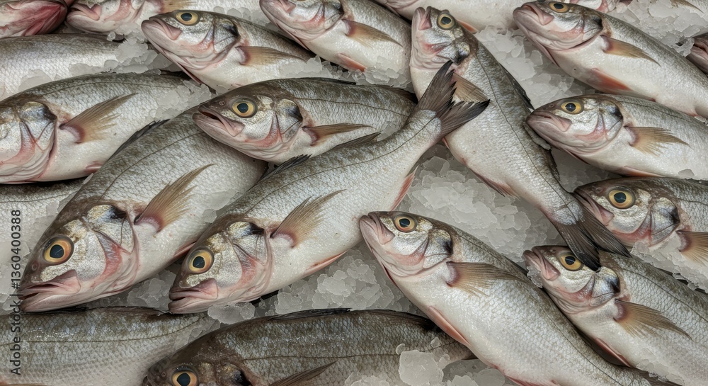 Fresh Warmouth Fish on Ice at Supermarket - A close-up view of fresh warmouth fish, glistening and chilled on ice. The image conveys freshness, quality, and abundance. It symbolizes healthy eating Fresh Warmouth Fish on Ice at Supermarket - A close-up view of fresh warmouth fish, glistening and chilled on ice. The image conveys freshness, quality, and abundance. It symbolizes healthy eating