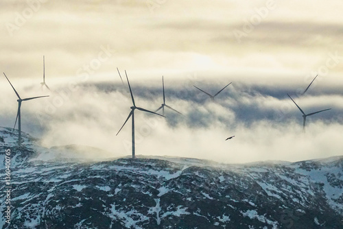 wind park in fog on the snowy mountains from the island of Kvaløya, Norway, with many wind turbines in clouds. amazing windmills in winter on the coast of the Atlantic produce electricity.