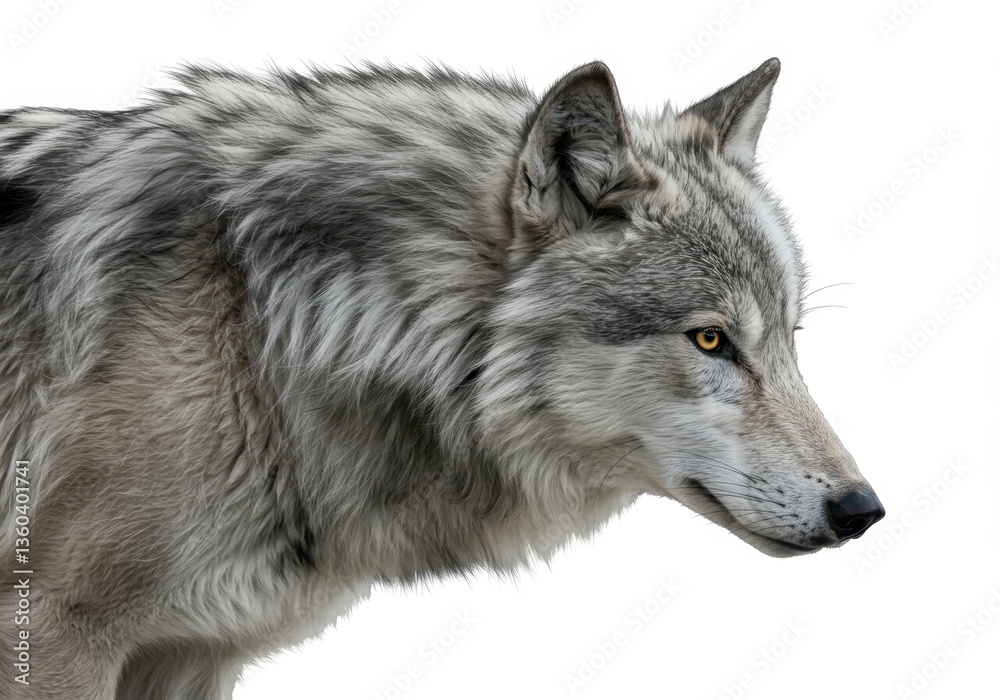 Obraz premium Gray wolf Canis lupus portrait with attentive expression for wildlife protection promotional material, fierce predator in natural habitat for animal magazine cover