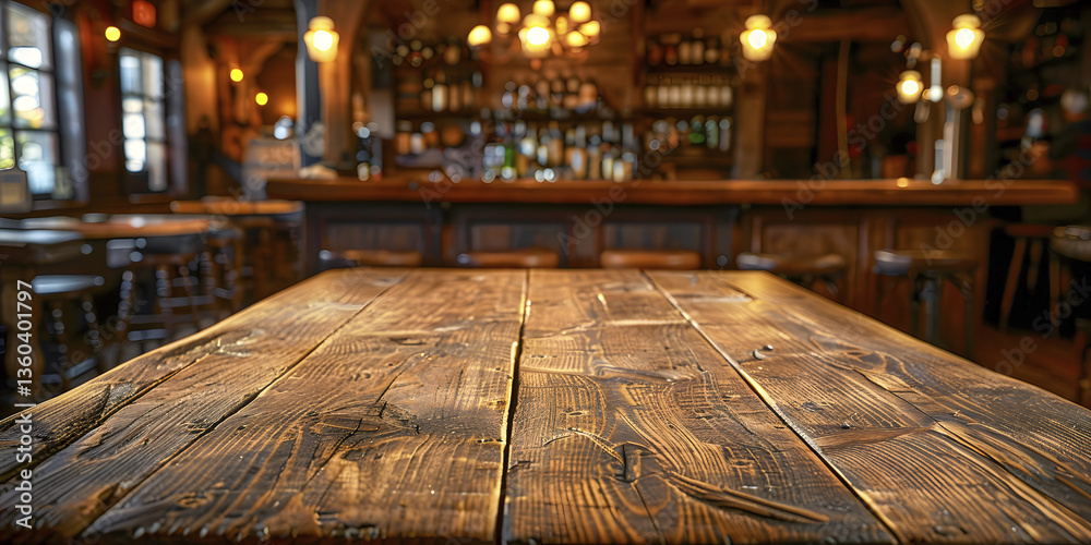 Obraz premium Close-up of an empty rustic wooden table in a warm, dimly lit bar, evoking a cozy tavern or vintage western feel. Copy space.