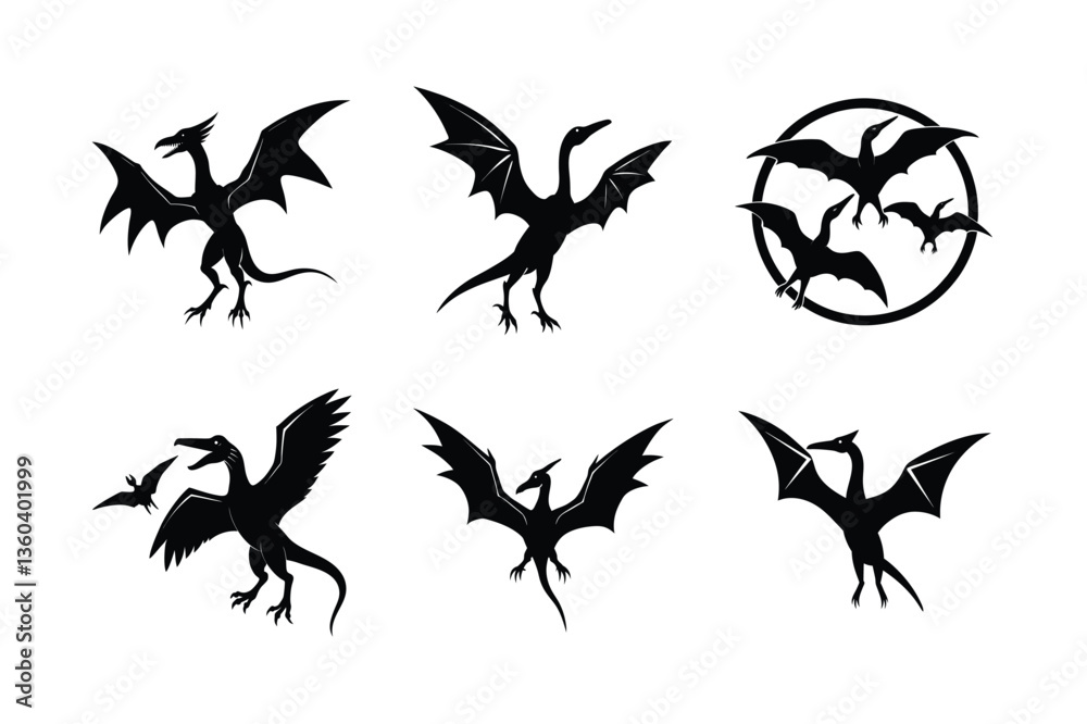 Fototapeta premium Silhouettes of Pterodactyls in Flight and Attack