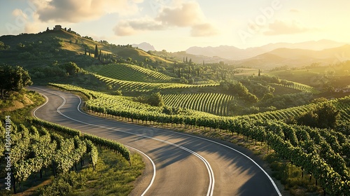 Serene countryside road winding through green rolling hills.