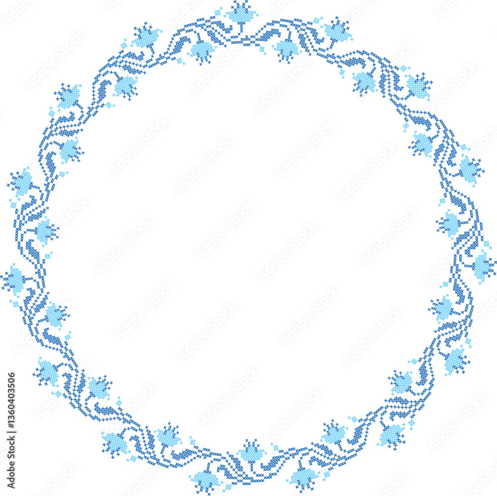 Fototapeta premium Round cross-stitch frame decorated with floral patterns in shades of blue