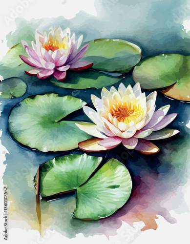 Water lilies or lotuses watercolor, Painting Art of flowers on water