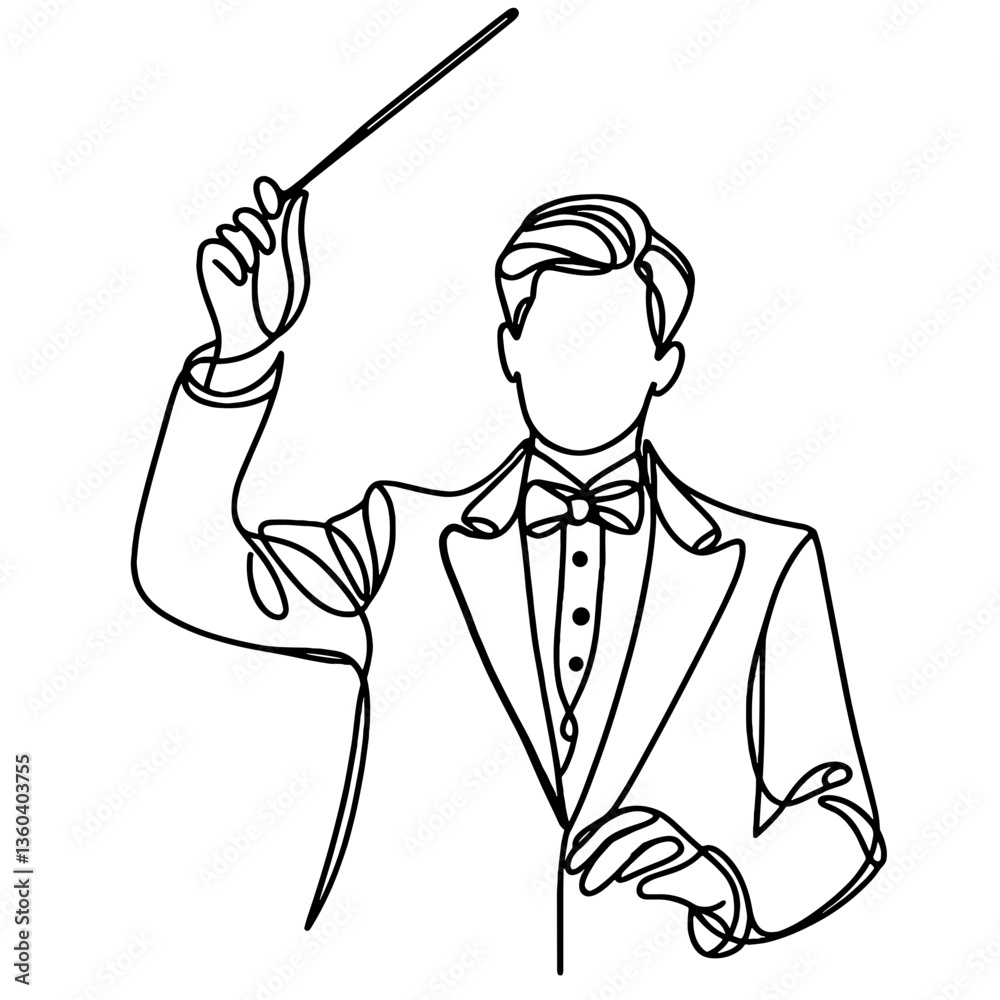 Orchestra conductor with baton in tailcoat, vector, black line drawing, minimalistic, single line, simple line, isolated, transparent background Orchestra conductor with baton in tailcoat, vector, black line drawing, minimalistic, single line, simple line, isolated, transparent background
