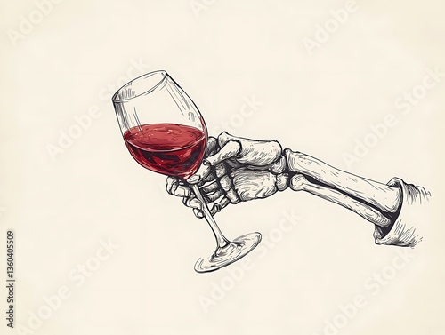Skeleton hand holding red wine.