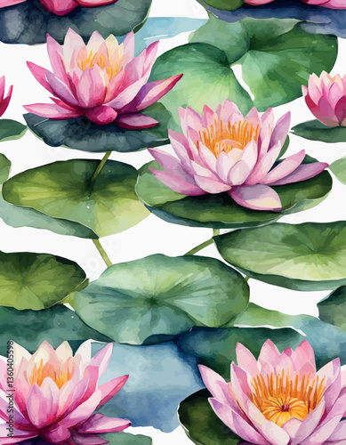 Water lilies or lotuses watercolor, Painting Art of flowers on water