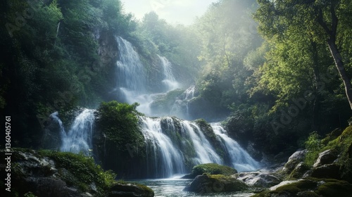 A hidden waterfall cascading down steep mountain rocks. 