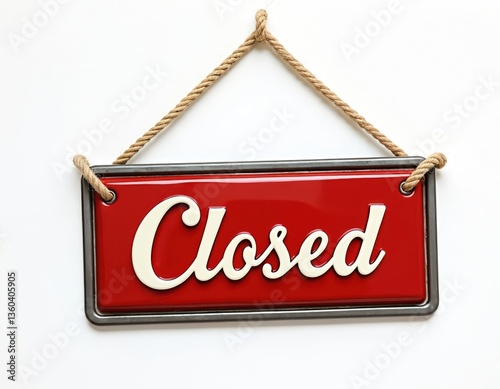 Red closed sign hangs on rope against white background. Classic shop store front sign informs customers of unavailability. Message suggests no service restricted access. Suitable for various business
