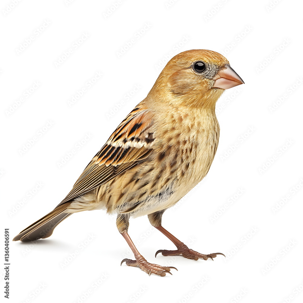 Fototapeta premium A realistic portrait of a finch in side view, isolated on a white background. A small, delicate songbird with a compact body, a short stout beak, intricately patterned feathers, warm earthy tones,