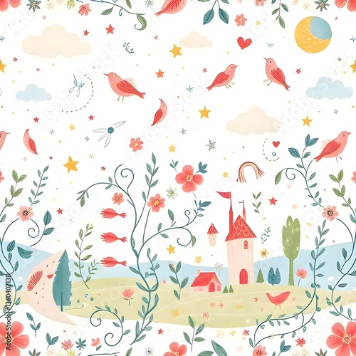 Seamless traditional fabric pattern with intricate timeless designs.