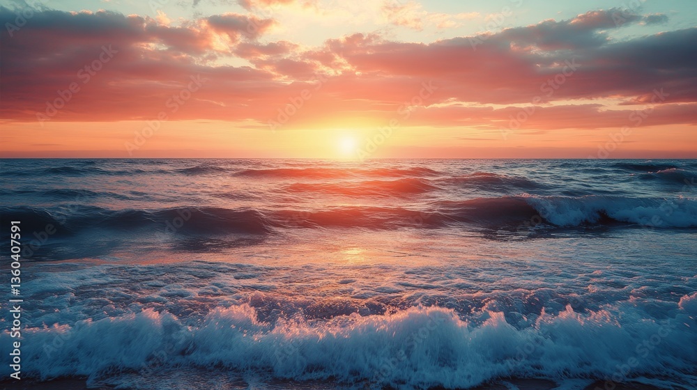 A sunset over the ocean with soft waves and a peaceful atmosphere A sunset over the ocean with soft waves and a peaceful atmosphere