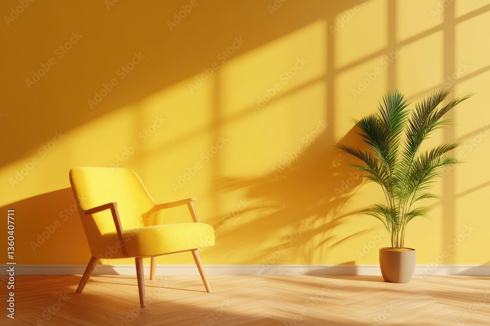 Fototapeta premium Minimalist Living Space with Yellow Armchair and Green Plant in Sunlit Room