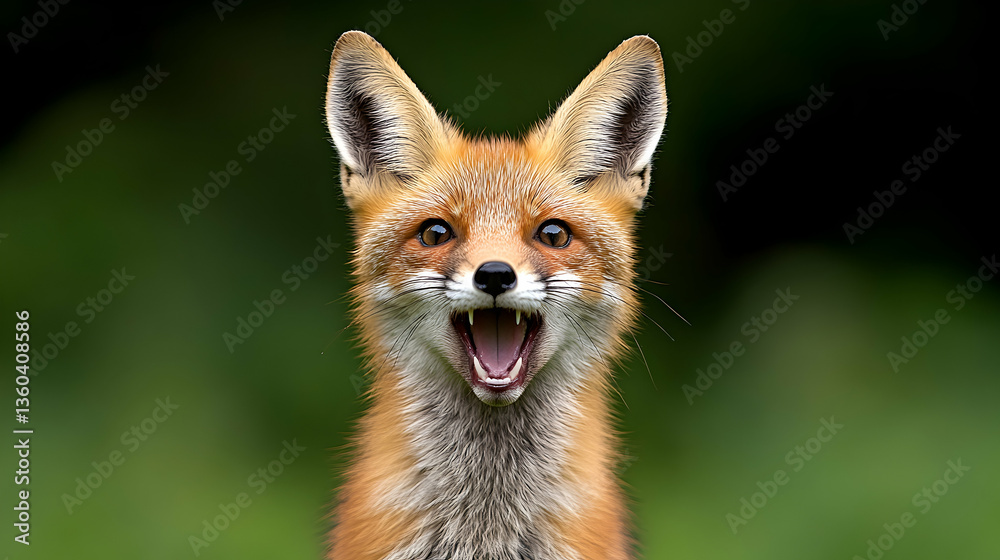 Fototapeta premium Playful red fox kit with mouth open, facing camera against blurred green background