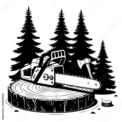  Chainsaw and Axe in Forest Black SVG Vector Outline