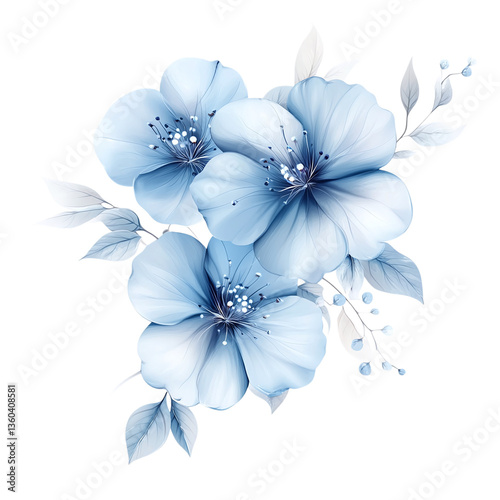 Delicate blue flowers with a soft artistic touch - elegant floral theme, isolated on a white transparent background