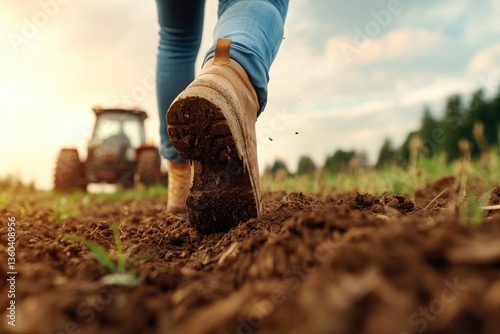 Close-Up of Farmer Walking in Field During Planting Season with Tractor in Background at Sunset