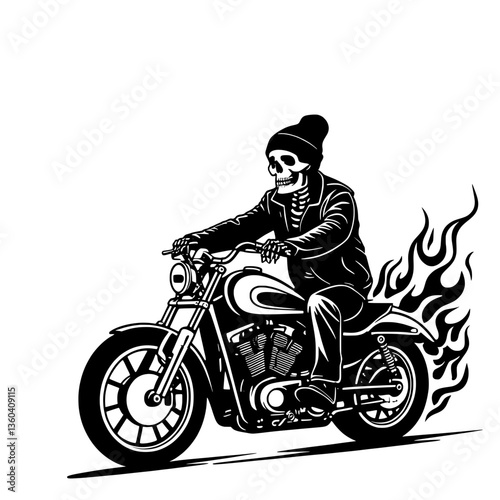  Skeleton Rider on Flaming Motorcycle Black SVG Vector Outline