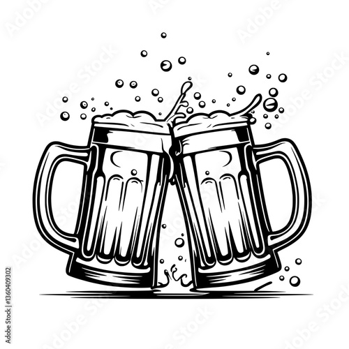  Toasting Beer Mugs Vector Illustration in Black