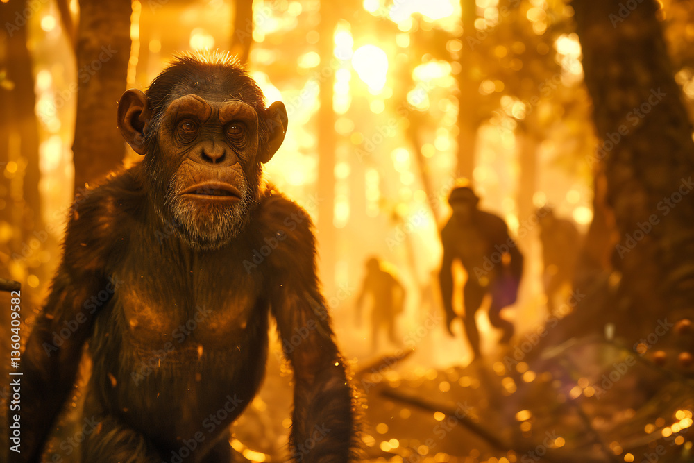 Lifelike reconstruction of extinct Australopithecus afarensis including Lucy walking upright through African woodland small ape like hominin mix of human primate feature long arm slightly protruding Lifelike reconstruction of extinct Australopithecus afarensis including Lucy walking upright through African woodland small ape like hominin mix of human primate feature long arm slightly protruding
