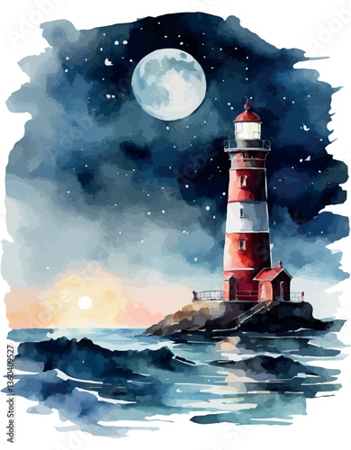 Watercolor lighthouse towers over sea, full moon, sunset sky. Coastal charm, nautical design, home decor and travel posters