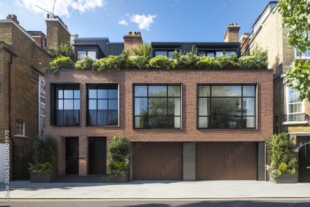Fototapeta Modern urban residence showcases innovative architectural design with large windows, a green rooftop, and a seamless blend of brick and contemporary elements in London