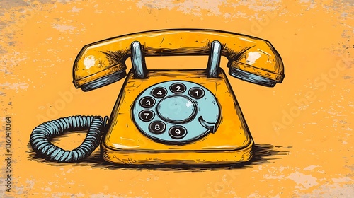 Retro Rotary Phone for Vintage Design, Orange Background.