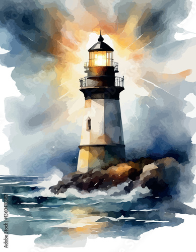 Watercolor lighthouse towers over sea, full moon, sunset sky. Coastal charm, nautical design, home decor and travel posters