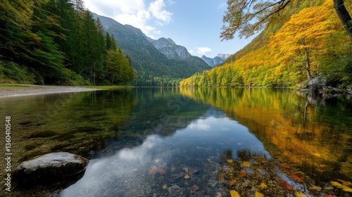 Serene Mountain Lake Reflection in Autumn with Vibrant Forest Colors and Clear Blue Sky