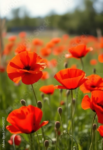 Vibrant red poppies sway gently in a sun-drenched field, texture, texture