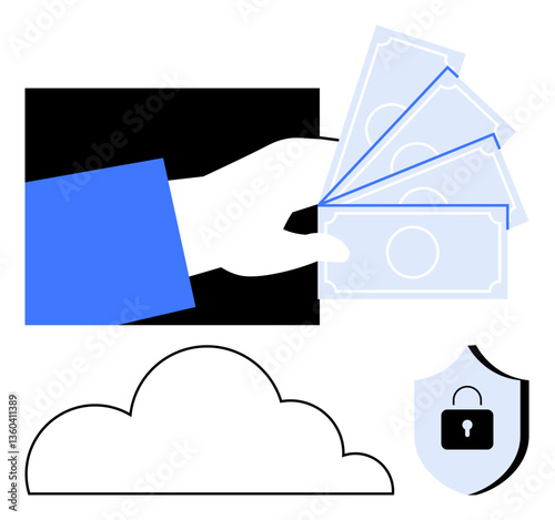 Hand holding cash near cloud and lock shield, symbolizing online payment, cybersecurity, and financial safety. Ideal for technology, finance, e-commerce, security, cloud service privacy and trust
