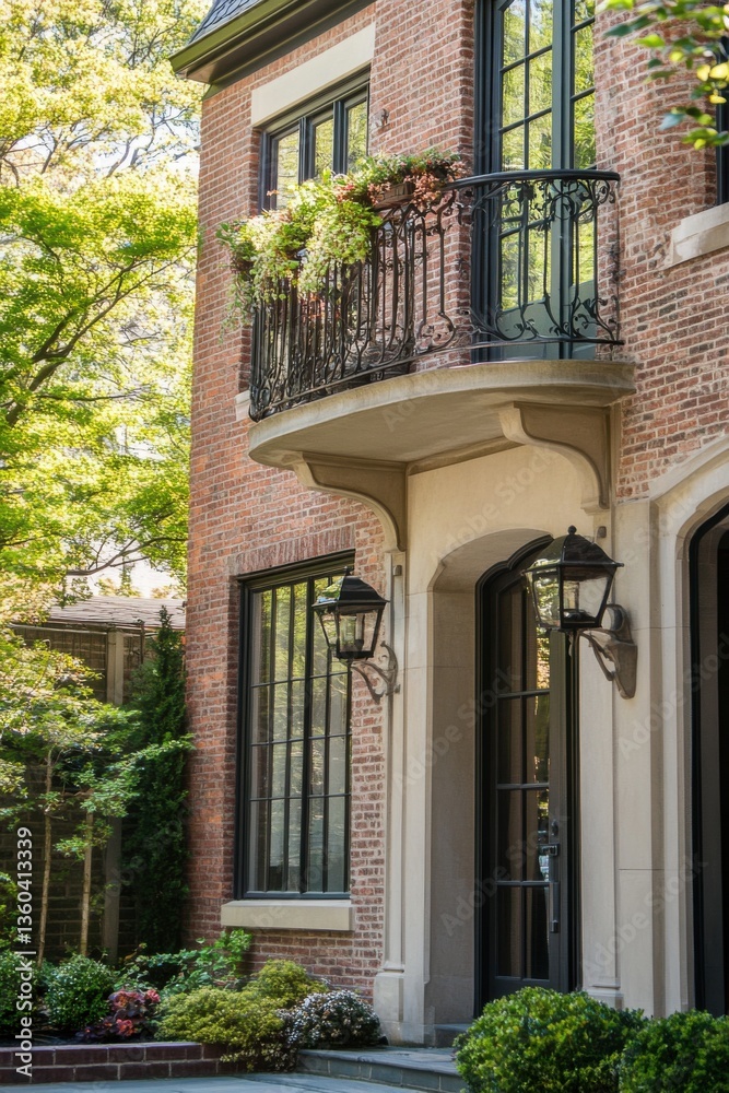 Fototapeta premium Elegant brick building with a charming balcony adorned with greenery, surrounded by lush trees and inviting landscaping in a serene residential neighborhood on a sunny day