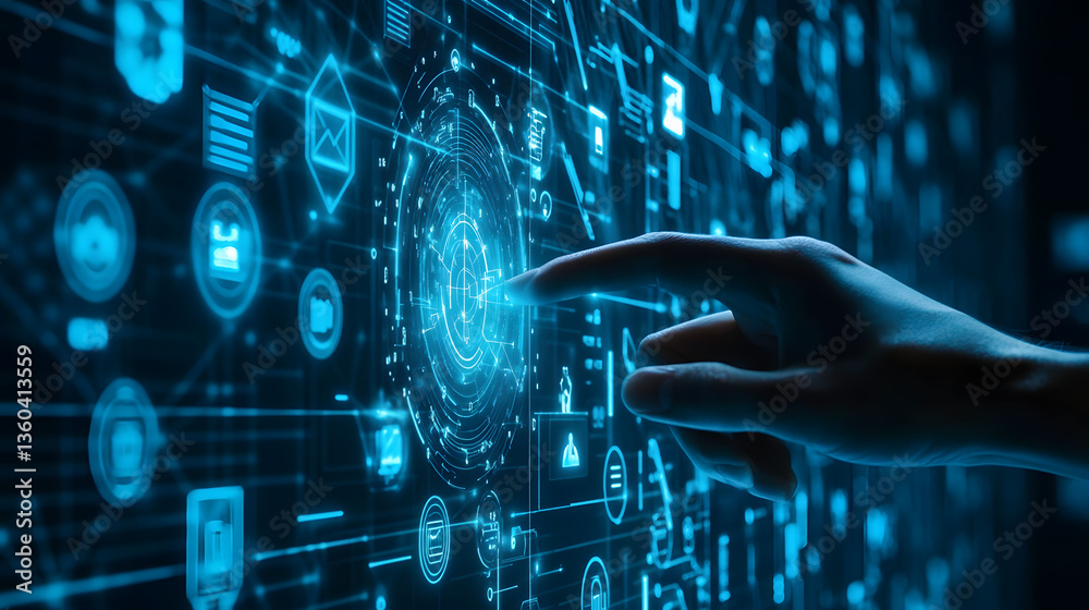 Digital Interaction: A close-up shot captures a hand interacting with a futuristic digital interface, with glowing blue light illuminating the intricate network of data. 