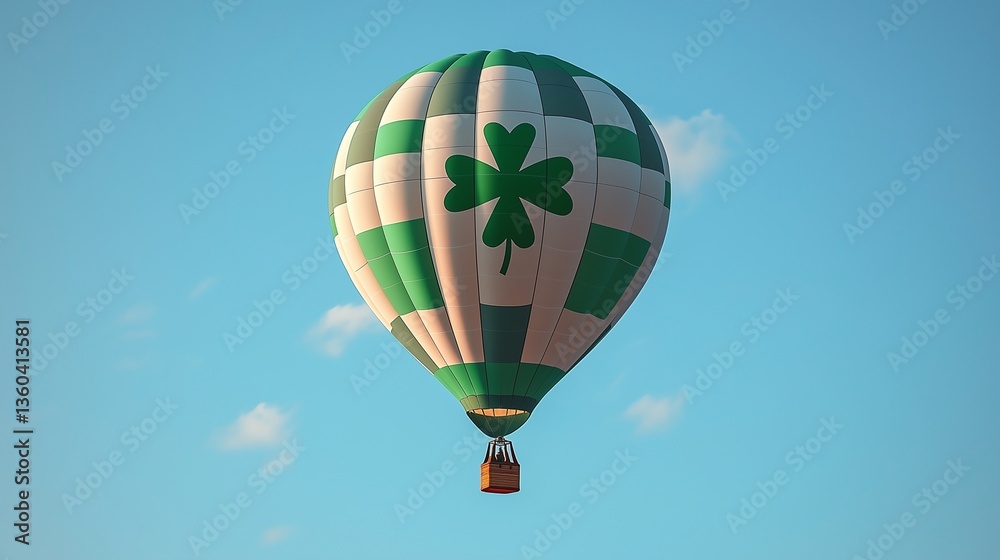 Naklejka premium St. Patrickâ€™s Day Themed Hot Air Balloon Soaring in a Clear Sky, Minimal Green Design