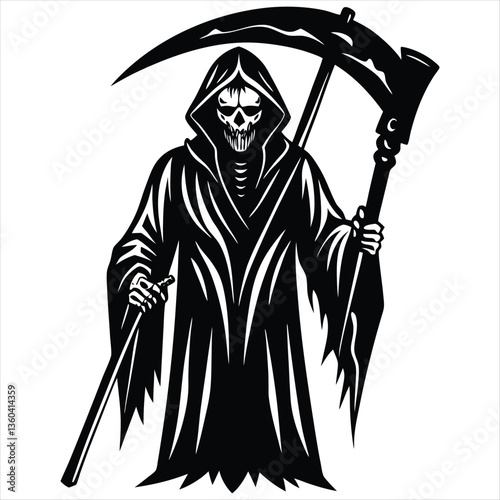Vintage illustration of a Grim Reaper and Halloween witches with a broom and an axe