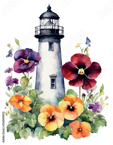 Lighthouse and flowers: chamomile, rose, violet and pansy and water lily. Vector watercolor illustration