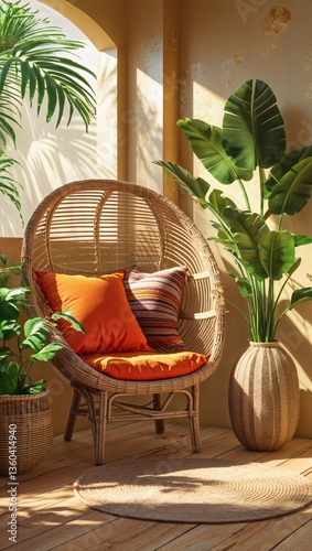 Bohemian tropical interior with round rattan chair, vibrant orange cushions, and lush green plants in warm natural light
